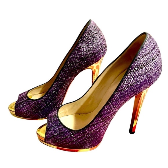 Oscar De La Renta Purple Tweed Sparkle Peep Toe Stiletto Heels - Picture 2 of 8